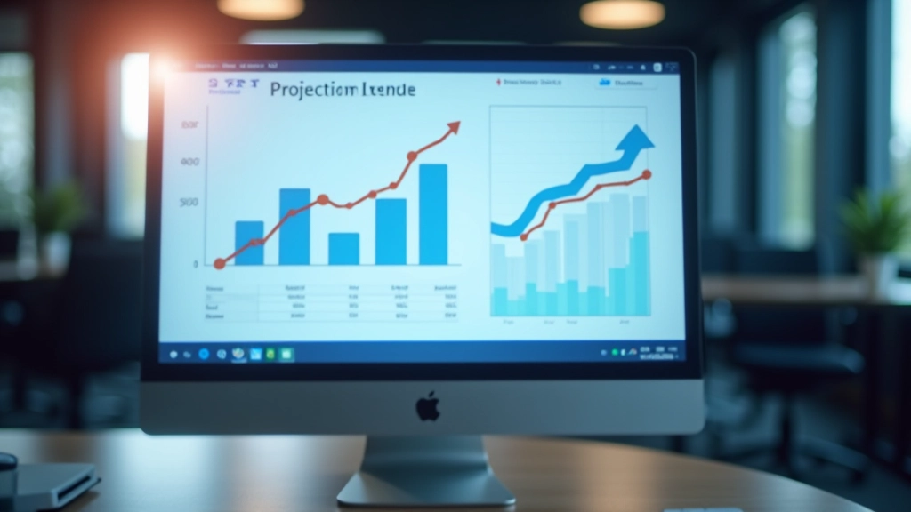 Grafické znázornění budoucích finančních trendů s восходящими křivkami a prognózami na monitor počítače