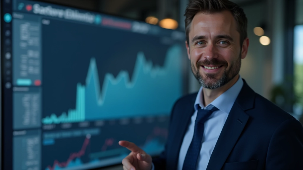 Ekonom nebo finanční odborník prezentuje finanční výhled s tabulkami a grafy růstu na velkém monitoru