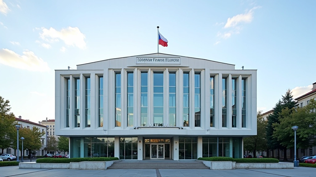 Budova Ministerstva financí v Praze s moderní architekturou a státní vlajkou