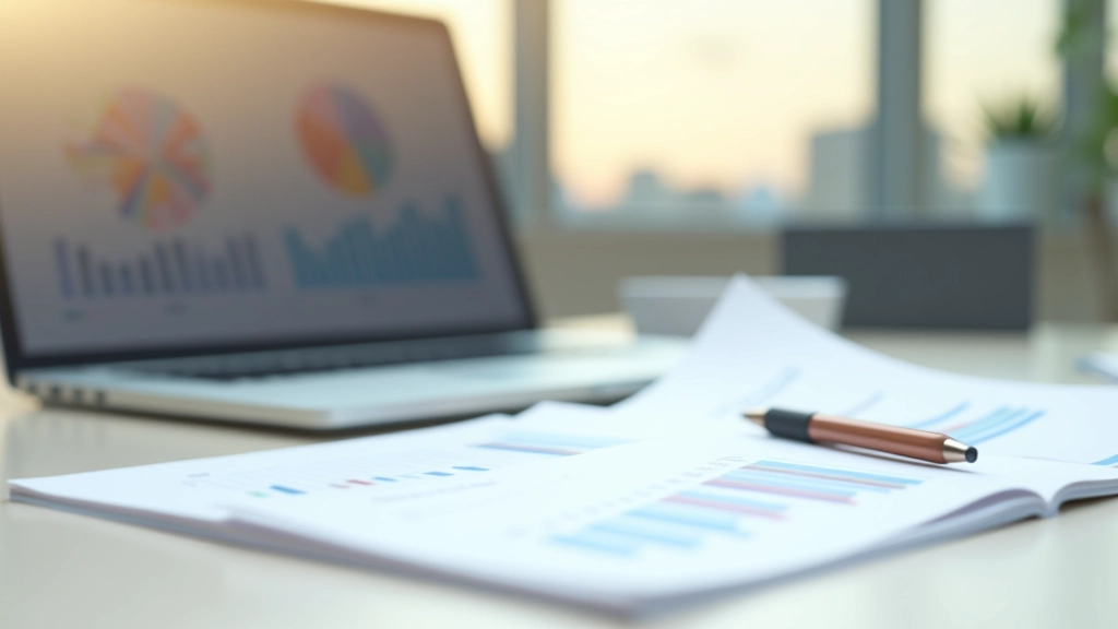 Moderní kancelářský stůl s notebookem, grafy rozpočtu a finančními dokumenty v pozadí