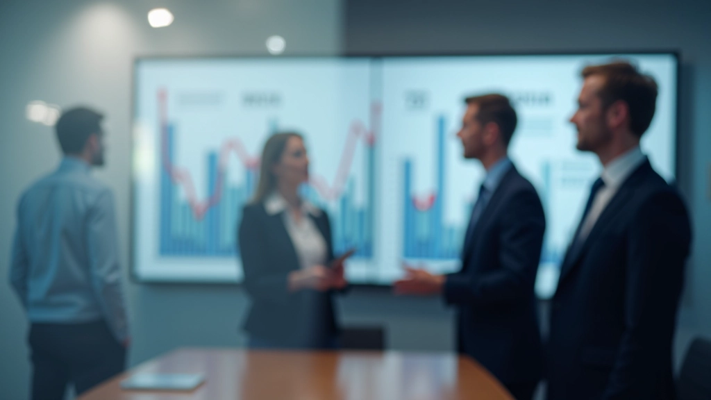 Průhled do moderní místnosti s vícero lidmi, kteří diskutují nad finančními grafy a tabulkami na stěně